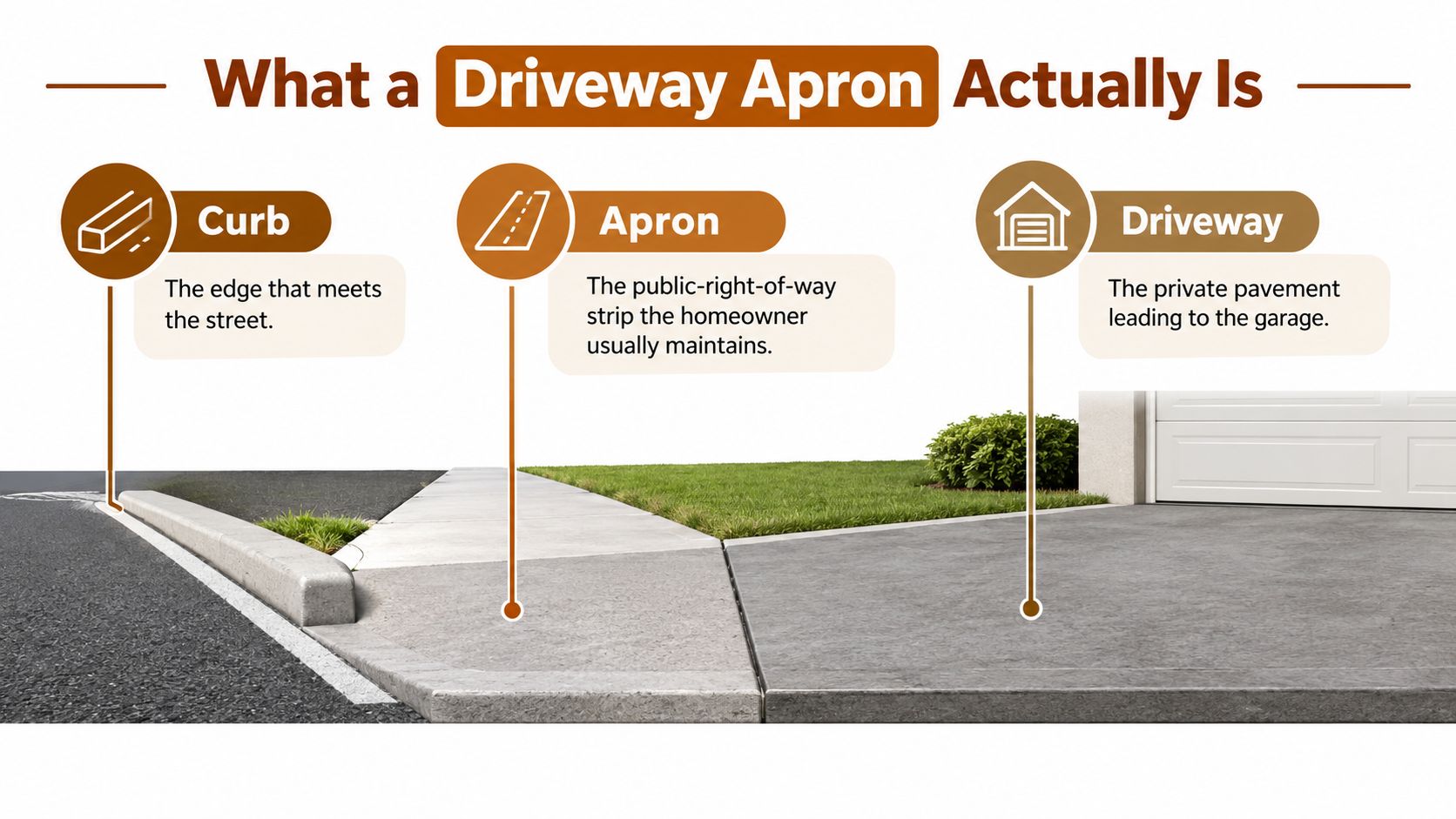 A diagram illustrating the three components of a residential driveway: the curb, the apron, and the driveway.