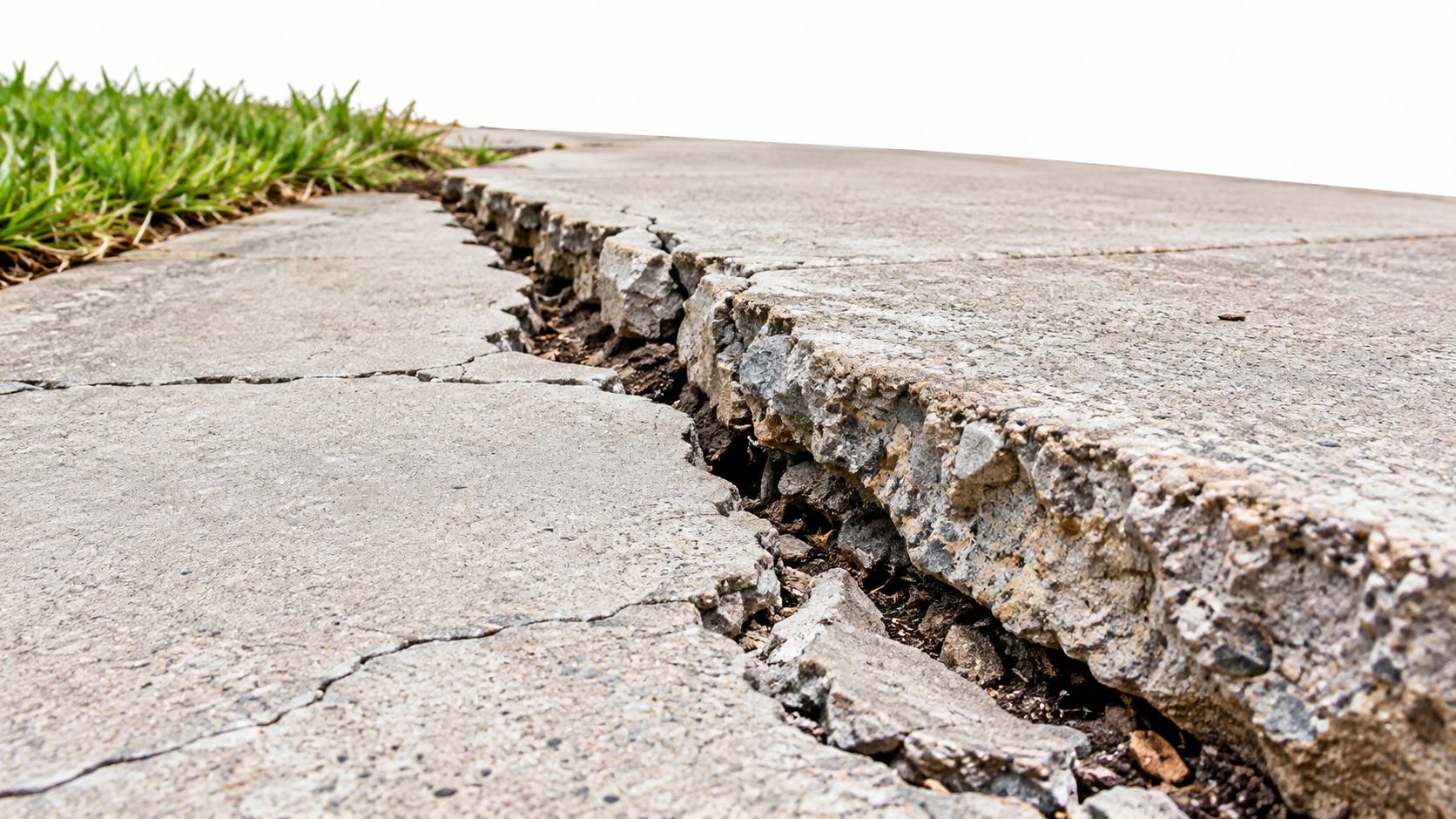 A close-up view of a large, dangerous crack and uneven section in a concrete sidewalk pathway.