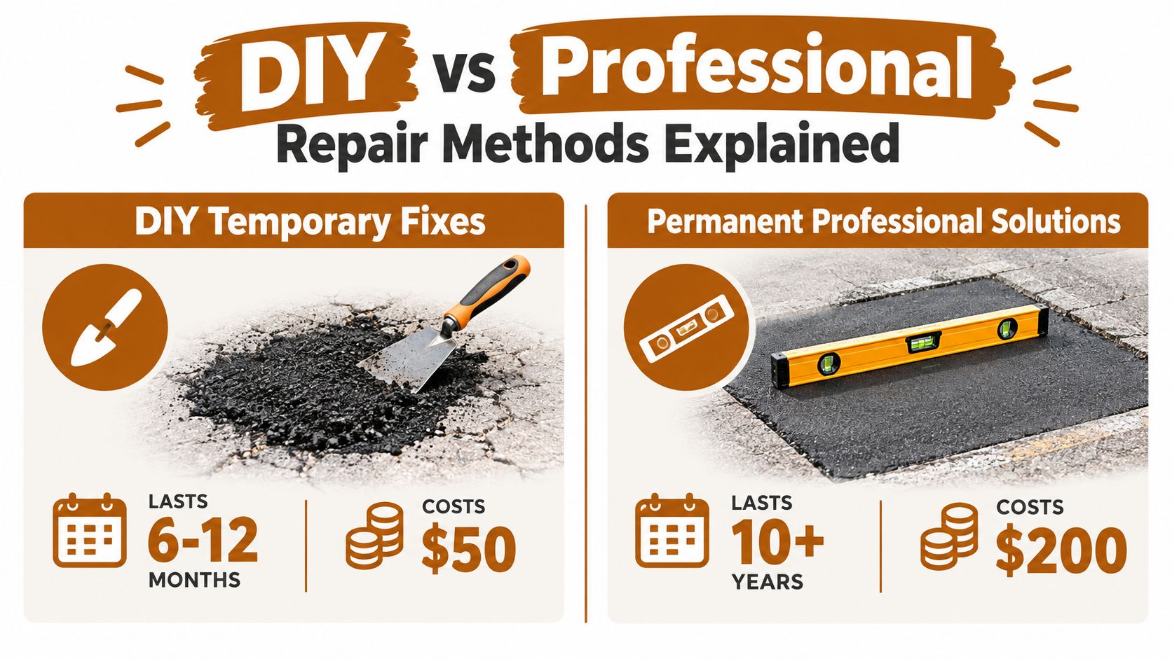 A comparison infographic showing DIY temporary asphalt repairs costing fifty dollars versus professional permanent sidewalk repair solutions.