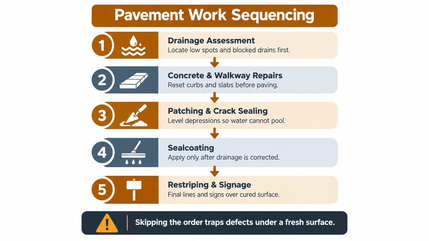 An infographic showing the five-step pavement work sequencing process for professional parking lot maintenance and repairs.
