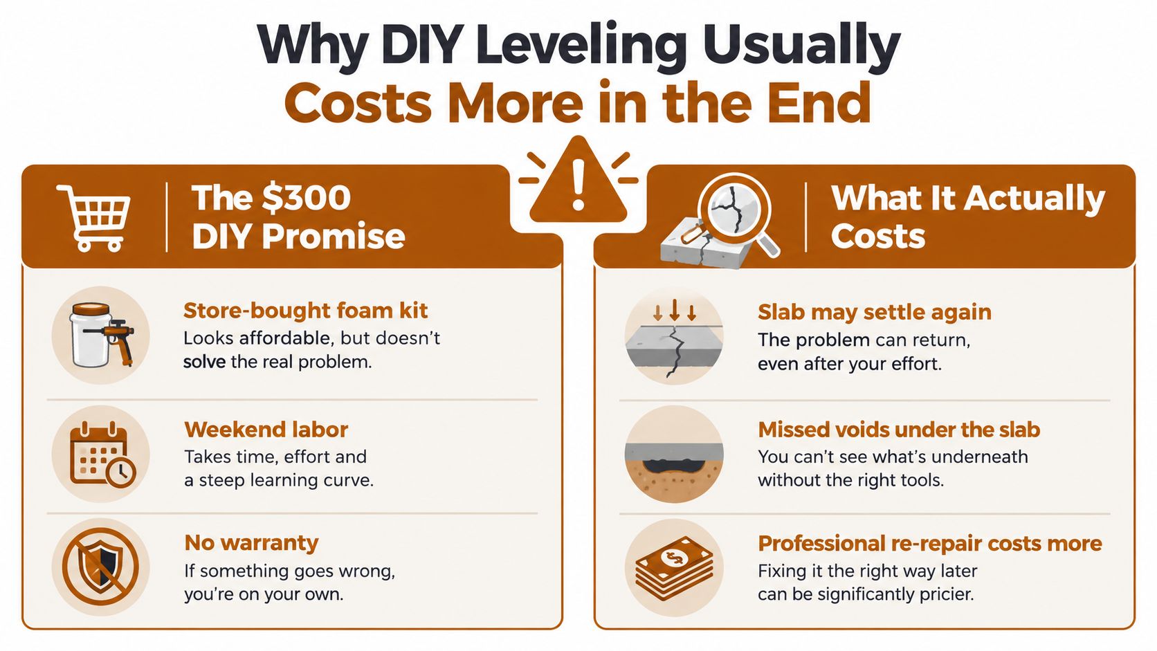 An infographic showing why DIY concrete leveling is often more expensive than professional repair due to recurring costs.