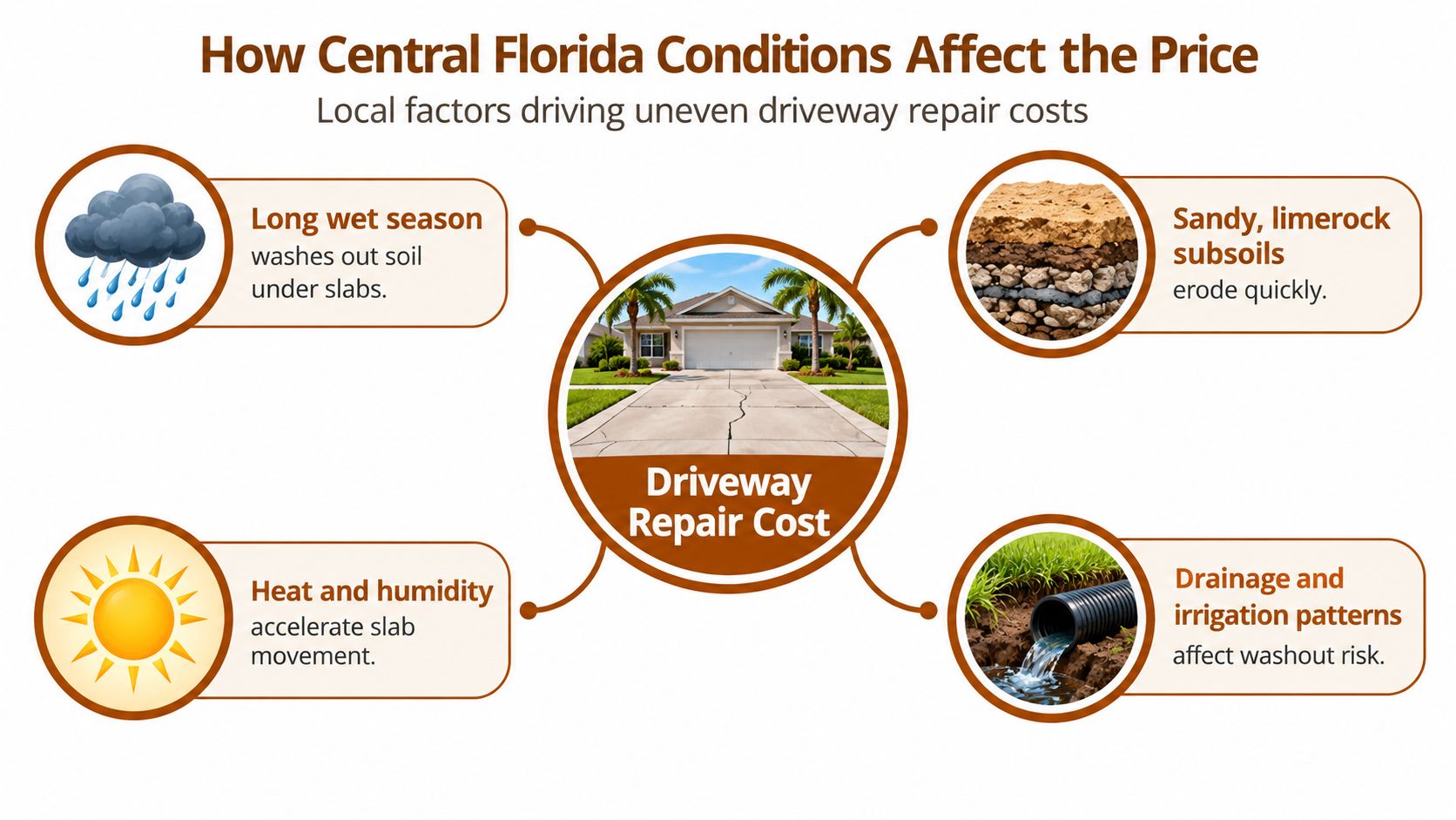 An infographic illustrating how local Central Florida environmental conditions affect the cost of repairing uneven concrete driveways.