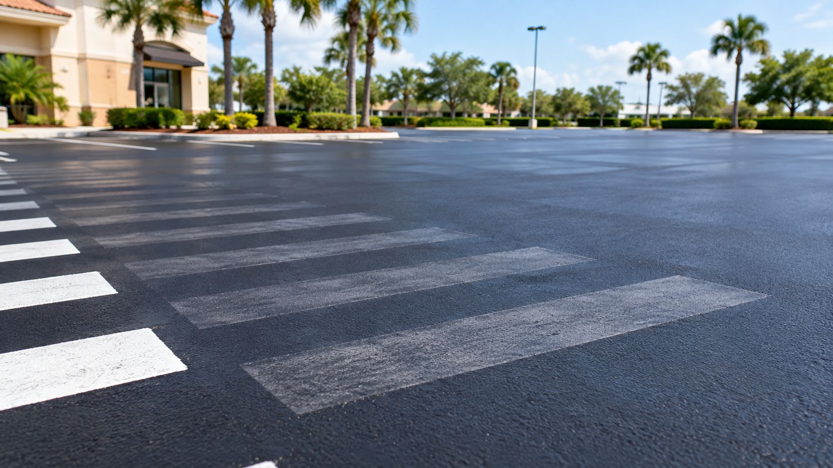 A wide angle view of a freshly paved empty parking lot featuring white zebra crossing walkway markings.