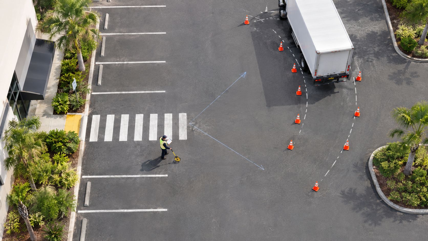 A worker measures a parking lot layout with a distance measuring wheel near a parked delivery truck.