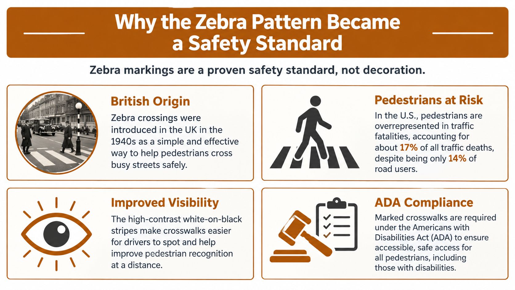 An infographic titled Why the Zebra Pattern Became a Safety Standard, detailing its history, risks, and compliance.